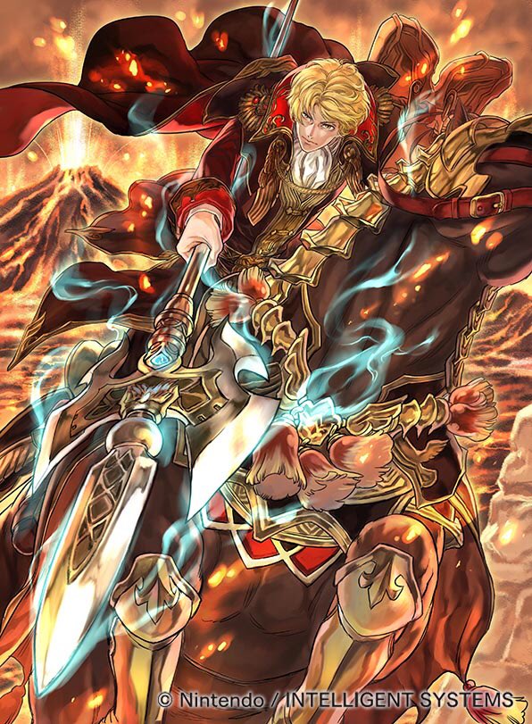 1boy blonde_hair camus cape company_name epaulettes fire fire_emblem fire_emblem_cipher fire_emblem_echoes:_mou_hitori_no_eiyuuou horse horseback_riding male_focus official_art polearm riding solo spear suzuki_rika volcano weapon yellow_eyes