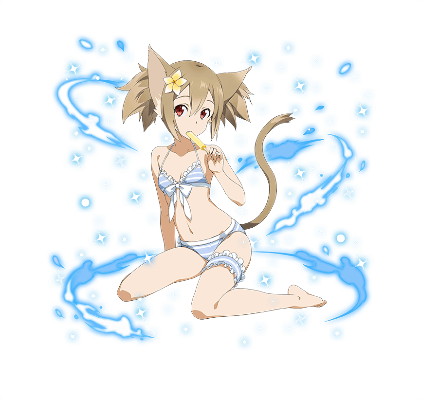 1girl animal_ears arm_supoort barefoot bikini breasts brown_hair cat_ears cat_tail cleavage collarbone eating feet flower food full_body grey_bikini hair_flower hair_ornament ice_cream long_hair looking_at_viewer navel red_eyes silica_(sao-alo) sitting small_breasts solo sparkle striped striped_bikini swimsuit sword_art_online tail thigh_strap transparent_background twintails white_ribbin yellow_flower