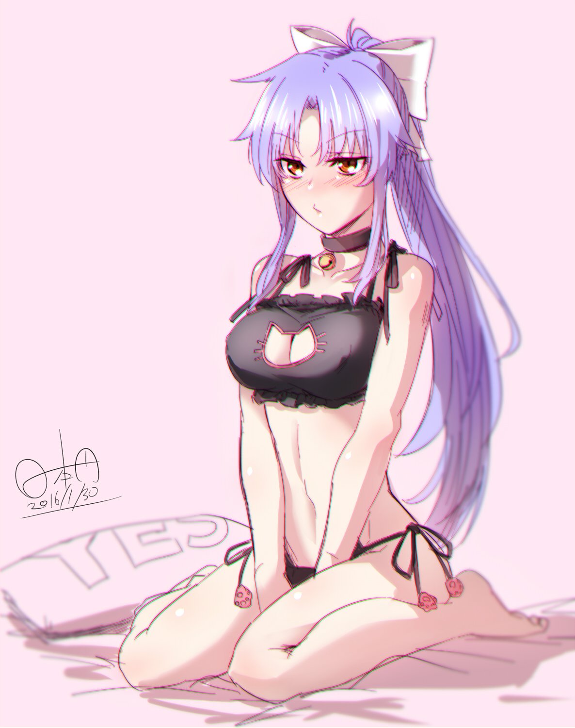 1girl bare_arms bare_legs bare_shoulders barefoot bell bell_choker black_bra black_panties blush bow bra breasts cat_cutout cat_ear_panties cat_lingerie choker cleavage cleavage_cutout collarbone dated frilled_bra frills hair_bow highres hinomoto_madoka jingle_bell large_breasts long_hair looking_at_viewer lovely_x_cation_2 meme_attire narukawa_hime navel nose_blush panties ponytail purple_hair red_eyes side-tie_panties sitting solo stomach twitter_username underwear underwear_only very_long_hair wariza white_bow yes-no_pillow