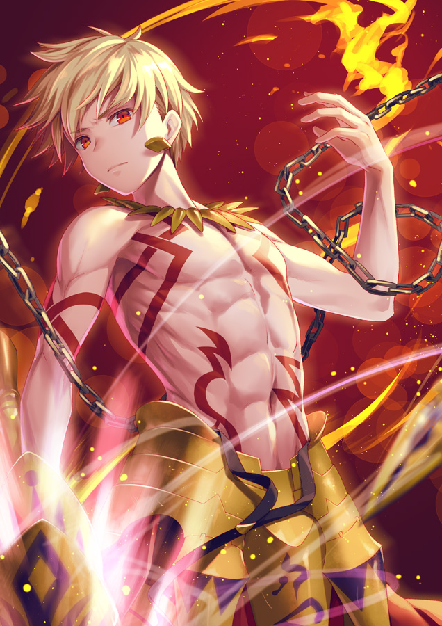 1boy armor bangs blonde_hair chains ea_(fate/stay_night) earrings fate/stay_night fate_(series) faulds fire frown geroro gilgamesh gold_armor jewelry looking_at_viewer male_focus necklace red_eyes solo tattoo toned toned_male upper_body