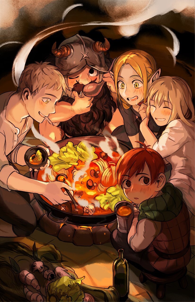 2girls 3boys arm_grab beard black_hair blonde_hair blush bottle bowl brother_and_sister chilchuck closed_eyes cup drooling dungeon_meshi elf facial_hair farin_(dungeon_meshi) helmet highres horns katy_ho ladle laios_(dungeon_meshi) looking_at_viewer looking_away looking_back marcille mug multiple_boys multiple_girls mushroom mustache one_eye_closed pointy_ears senshi_(dungeon_meshi) siblings spoon tunic