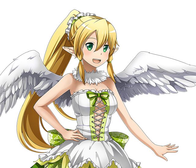 1girl :d angel_wings blonde_hair braid breasts choker cleavage dress feathered_wings hair_between_eyes hair_ornament hand_on_hip high_ponytail large_breasts leafa looking_at_viewer open_mouth pointy_ears sleeveless sleeveless_dress smile solo standing strapless strapless_dress sword_art_online transparent_background twin_braids upper_body white_wings wings