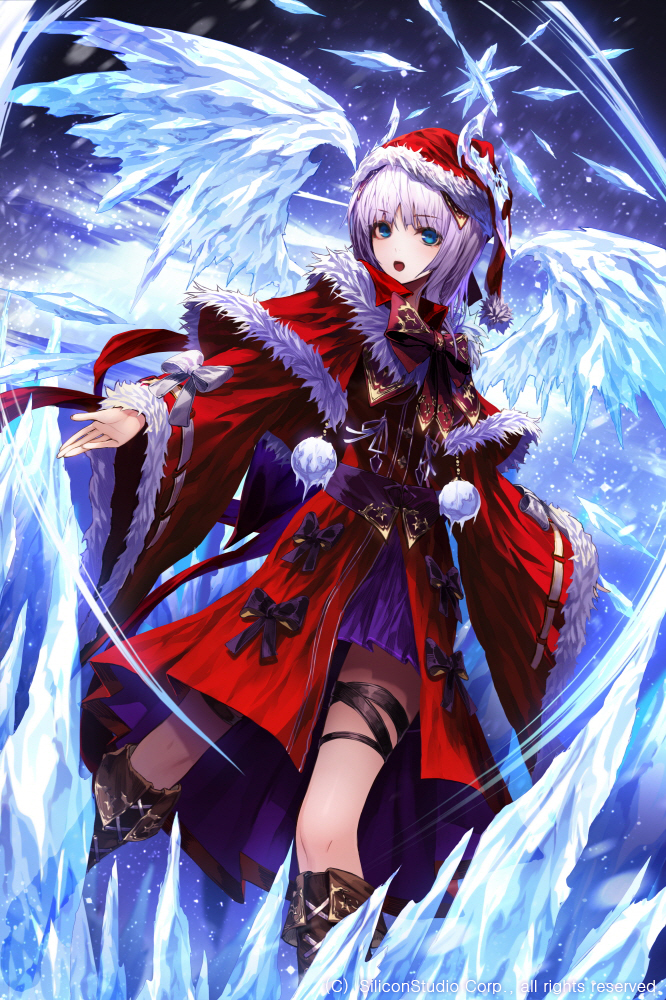 1girl blue_eyes boots bow copyright_request eyebrows_visible_through_hair hat ice knee_boots long_sleeves looking_at_viewer open_mouth red_hat santa_hat short_hair silver_hair solo wanke white_bow