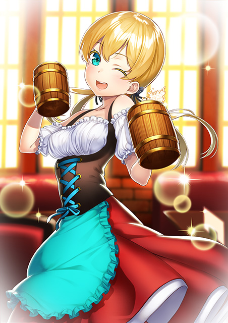 10s 1girl ;d alternate_costume apron aqua_eyes bangs bare_shoulders beer_mug blonde_hair blouse blue_apron blurry blurry_background bodice breasts cowboy_shot cross-laced_clothes detached_sleeves dirndl dress dual_wielding german_clothes head_tilt holding kantai_collection kyon_(fuuran) lens_flare long_hair looking_at_viewer low_twintails one_eye_closed open_mouth prinz_eugen_(kantai_collection) red_skirt restaurant shiny shiny_hair short_sleeves skirt smile solo sparkle twintails waist_apron waitress white_blouse