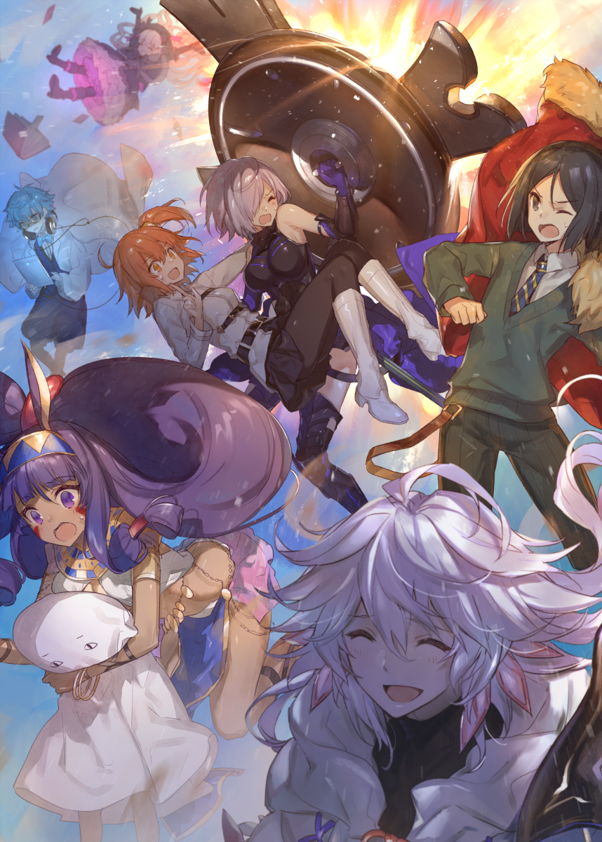 3boys 4girls :d ahoge armor bangs belt belt_buckle black_hair black_legwear blue_bow blue_bowtie blue_hair blue_sky book boots bow bowtie bracelet breasts buckle cable cape caster_(fate/extra_ccc) chokoan_(tyokoa4649) cloak closed_eyes commentary_request dark_skin dress elbow_gloves eyebrows_visible_through_hair facial_mark falling fate/grand_order fate_(series) frilled_dress frills fujimaru_ritsuka_(female) fur_trim glasses gloves hair_ornament hair_over_one_eye happy hat headband headphones highres holding holding_shield index_finger_raised jewelry labcoat long_hair long_sleeves medium_breasts medjed merlin_(fate/stay_night) midair midriff multiple_boys multiple_girls necktie nitocris_(fate/grand_order) nursery_rhyme_(fate/extra) one_eye_closed open_mouth orange_eyes orange_hair outdoors outstretched_arms pants pantyhose pink_hair purple_hair sheath shield shielder_(fate/grand_order) short_hair side_ponytail sidelocks skirt sky smile staff striped striped_necktie sweatdrop sweater tablet violet_eyes waver_velvet white_boots white_hair wing_collar