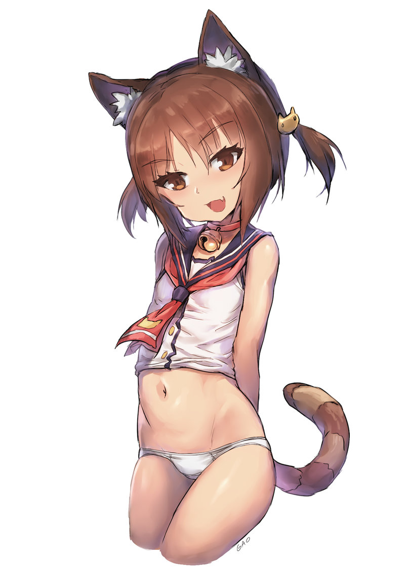1girl :d animal_ears arms_behind_back artist_name azuki_(sayori) bare_arms bare_shoulders bell bell_choker blue_sailor_collar breasts brown_eyes brown_hair buttons cat_ears cat_girl cat_hair_ornament cat_tail choker cowboy_shot eyebrows_visible_through_hair fang fang_out gao-lukchup groin hair_ornament jingle_bell looking_at_viewer navel neckerchief nekopara open_mouth panties red_choker red_neckerchief sailor_collar shirt short_hair simple_background skirt sleeveless sleeveless_shirt small_breasts smile solo standing stomach striped_tail tail two_side_up underwear white_background white_panties white_shirt