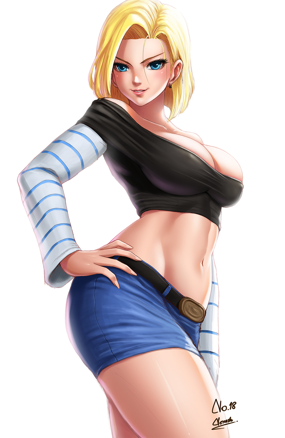 1girl android_18 belt blonde_hair blue_eyes breasts cleavage crop_top dragon_ball dragonball_z earrings hand_on_hip highres jewelry large_breasts looking_at_viewer midriff navel newash parted_lips short_hair skirt smile solo standing