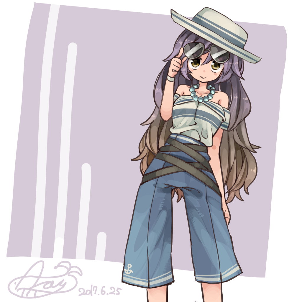 1girl :&gt; aioi_aoi alternate_costume anchor_symbol bare_shoulders bead_necklace beads blue_pants brown_eyes brown_hair collarbone cowboy_shot dated gradient_hair hair_between_eyes hat hijiri_byakuren jewelry long_hair looking_at_viewer multicolored_hair necklace off-shoulder_shirt pants purple_background purple_hair shirt signature smile solo sunglasses touhou very_long_hair white_hat white_shirt