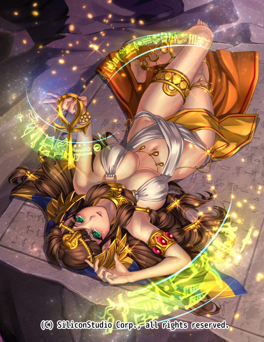 1girl ankh bare_shoulders barefoot bracelet breasts brown_hair center_opening cleavage company_name desert full_body green_eyes gyakushuu_no_fantasica jewelry large_breasts long_hair navel official_art open_mouth ryuki@maguro-ex sand solo sparkle tiara