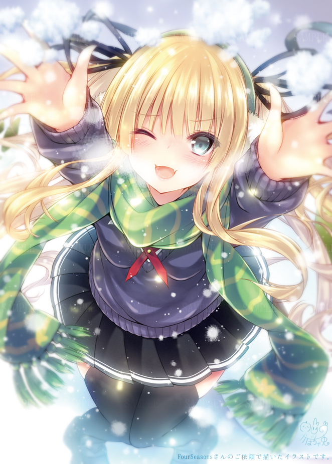 1girl ;d arms_up bangs black_legwear black_ribbon black_shoes black_skirt blonde_hair blue_eyes blush breath cold commentary_request earmuffs eyebrows_visible_through_hair fang fringe from_above full_body green_scarf hair_ribbon kabocha_usagi knees_together_feet_apart light_blue_eyes loafers long_hair long_sleeves looking_at_viewer looking_up one_eye_closed open_mouth outdoors outstretched_arms pleated_skirt purple_sweater ribbon saenai_heroine_no_sodatekata sample sawamura_spencer_eriri scarf school_uniform shiny shiny_hair shoes sidelocks signature skirt smile snow snowing solo standing striped striped_scarf sweater thigh-highs twintails v-neck watermark