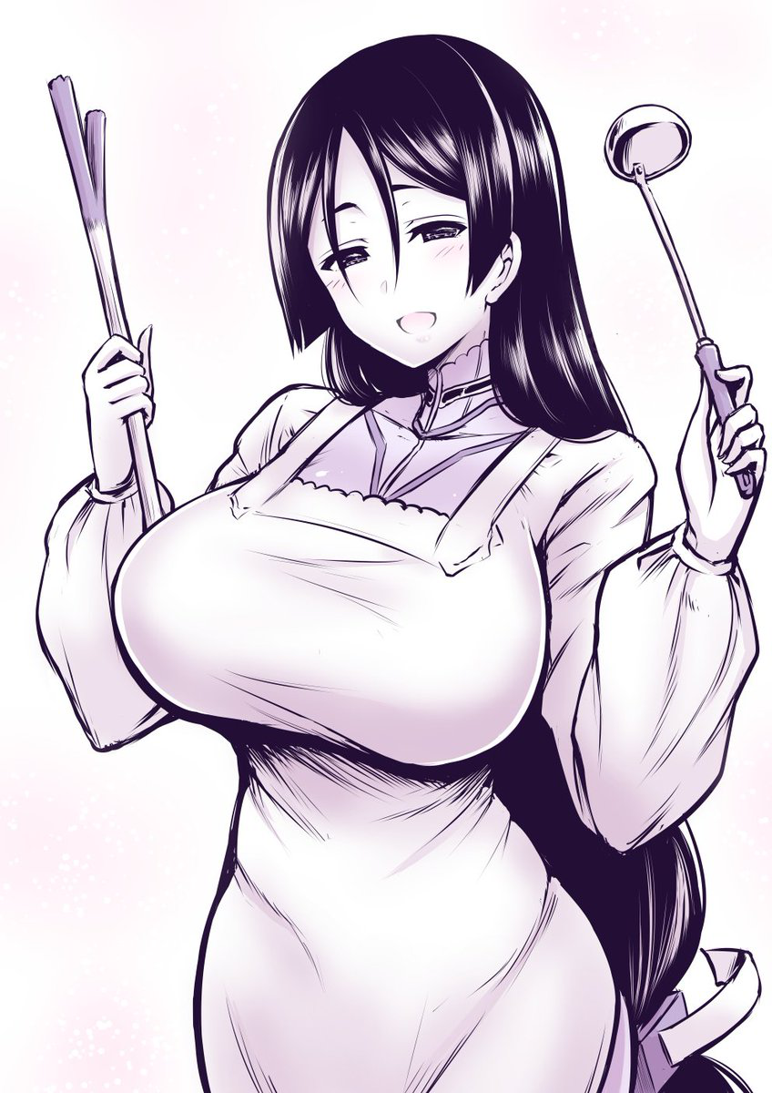 1girl :d apron black_eyes black_hair blush breasts cowboy_shot fate/grand_order fate_(series) highres impossible_clothes kanno_takanori ladle large_breasts long_hair looking_at_viewer minamoto_no_raikou_(fate/grand_order) open_mouth smile solo spring_onion very_long_hair white_apron
