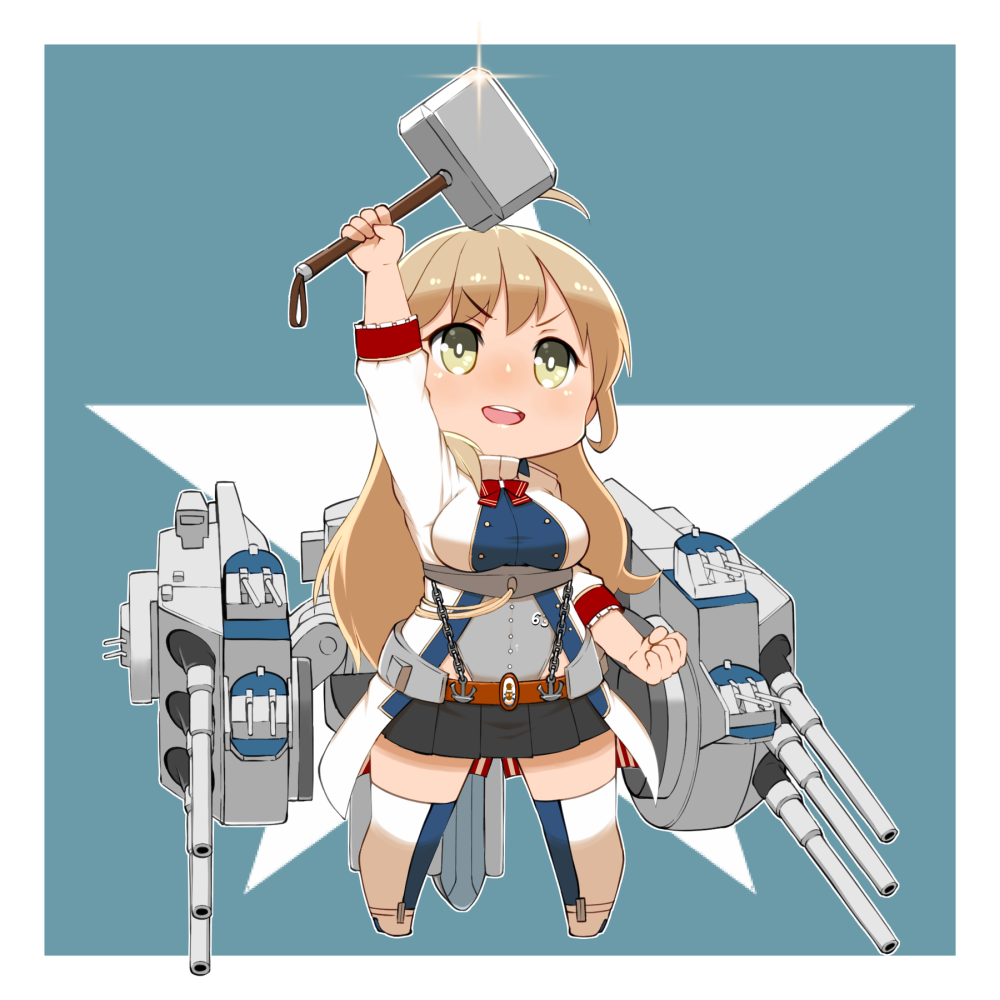 1girl ahoge black_skirt blonde_hair breasts capriccyo chibi clenched_hand green_eyes holding long_hair looking_up missouri_(zhan_jian_shao_nyu) mjolnir open_mouth rigging simple_background skirt smile solo star thigh-highs thor_(marvel) turret zhan_jian_shao_nyu