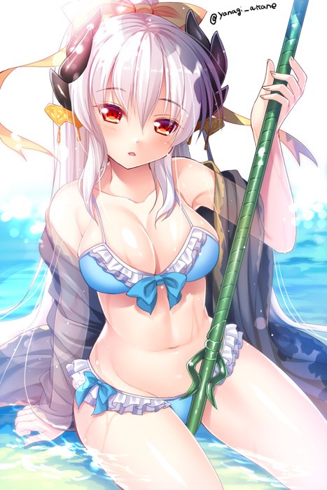 1girl arm_support bangs bikini blue_bikini bow bow_bikini breasts cleavage collarbone day dragon_horns eyebrows_visible_through_hair fate/grand_order fate_(series) frilled_bikini frills groin hair_bow hair_ornament holding holding_weapon horns kiyohime_(fate/grand_order) kiyohime_(swimsuit_lancer)_(fate) lance long_hair looking_at_viewer medium_breasts navel outdoors parted_lips polearm ponytail red_eyes see-through shawl sitting solo swimsuit twitter_username water weapon wet white_hair yanagi_akane_(yousei_kinoko) yellow_bow