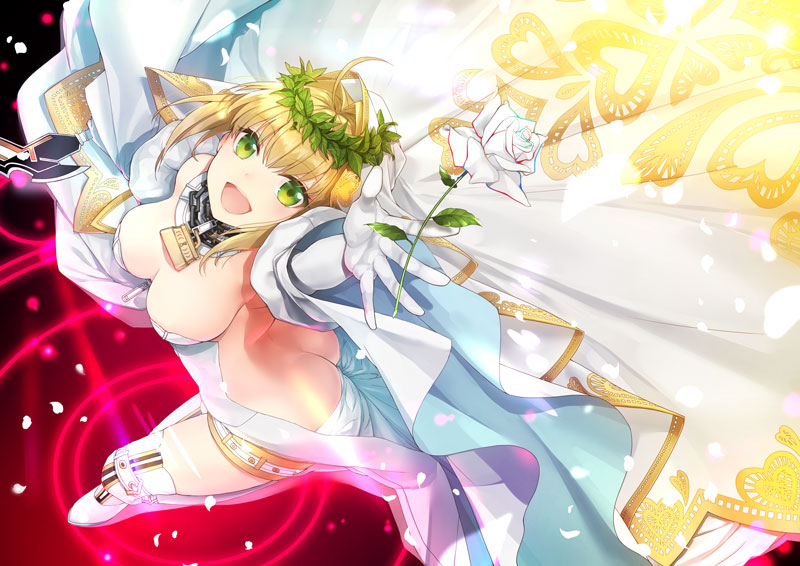 1girl :d aestus_estus ahoge arm_up ass backless_outfit bangs bare_back blonde_hair breasts bridal_veil butt_crack cleavage commentary_request detached_collar dress elbow_gloves eyebrows_visible_through_hair fate/extra fate/extra_ccc fate_(series) flower from_above gloves green_eyes hair_intakes holding holding_sword holding_weapon large_breasts lock looking_at_viewer looking_up open_mouth petals rose round_teeth saber_bride saber_extra sakuyosi short_hair smile solo sword teeth thigh-highs veil weapon white_dress white_gloves white_legwear white_rose wreath