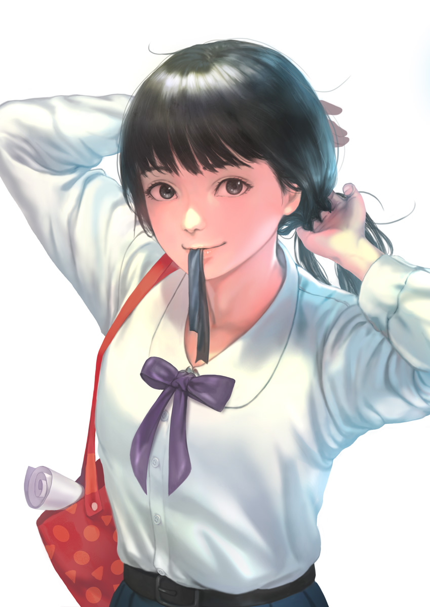 1girl adjusting_hair backlighting bag black_hair bow grey_eyes highres light_smile lips long_hair long_sleeves looking_at_viewer mouth_hold nose original purple_bow ribbon_in_mouth rungsak_sontayanont school_uniform shirt solo tying_hair white_background