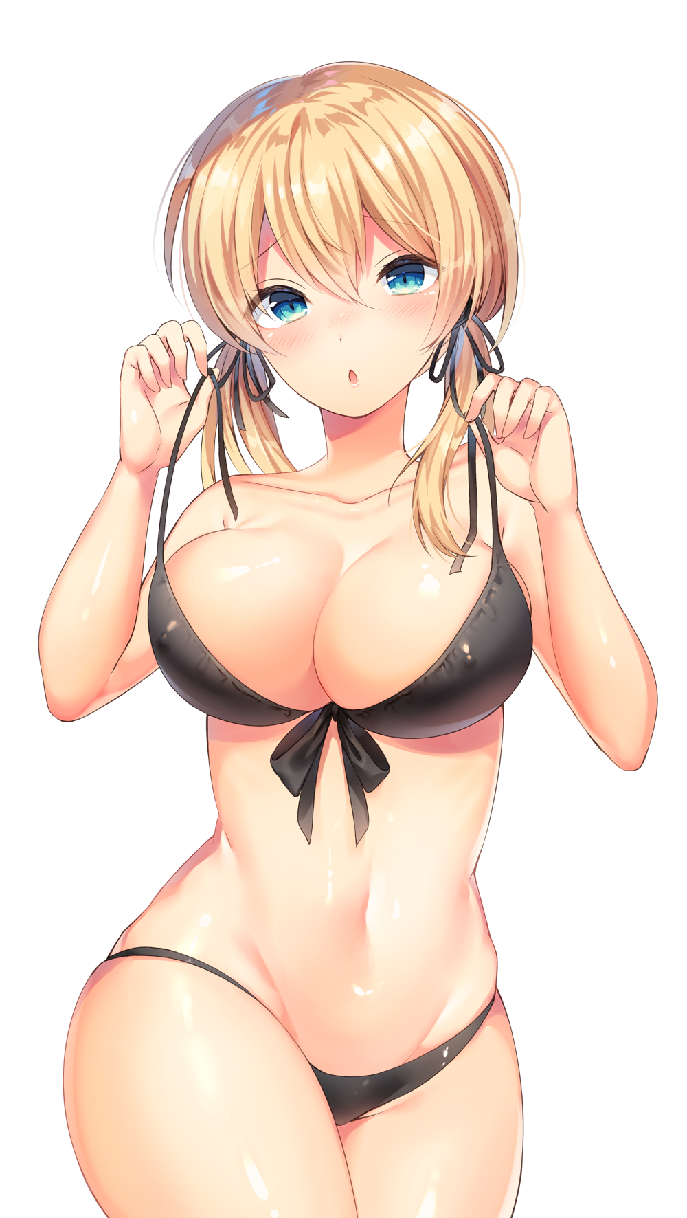 10s 1girl anchor_hair_ornament bikini black_bikini blonde_hair blue_eyes blush breasts collarbone erect_nipples eyebrows_visible_through_hair hair_between_eyes hair_ornament highres kantai_collection large_breasts long_hair looking_at_viewer navel ntk_(7t5) parted_lips prinz_eugen_(kantai_collection) simple_background skindentation solo strap_pull swimsuit thighs twintails twisted_torso upper_body white_background