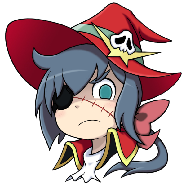 1girl 80s blue_hair bow constanze_amalie_von_braunschbank-albrechtsberger cosplay eyepatch green_eyes hat jolly_roger little_witch_academia long_hair oldschool parody ponytail ribbon scar science_fiction skull_and_crossbones solo space_pirate thick_eyebrows uchuu_kaizoku_captain_harlock witch witch_hat