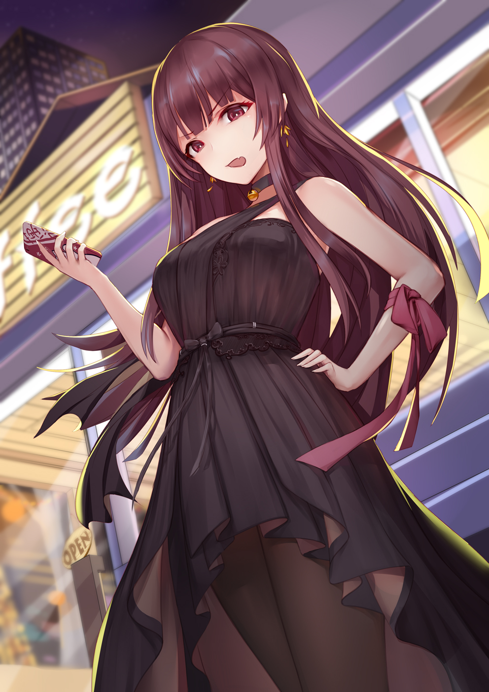 1girl bangs bell bell_choker black_dress black_legwear building cellphone character_request choker dress dutch_angle earrings eyelashes from_below girls_frontline hand_on_hip highres holding holding_phone jewelry jingle_bell liu_lan long_hair looking_at_viewer looking_down night open_mouth outdoors pantyhose phone purple_hair ribbon sleeveless sleeveless_dress smartphone smug solo standing storefront violet_eyes window wrist_ribbon