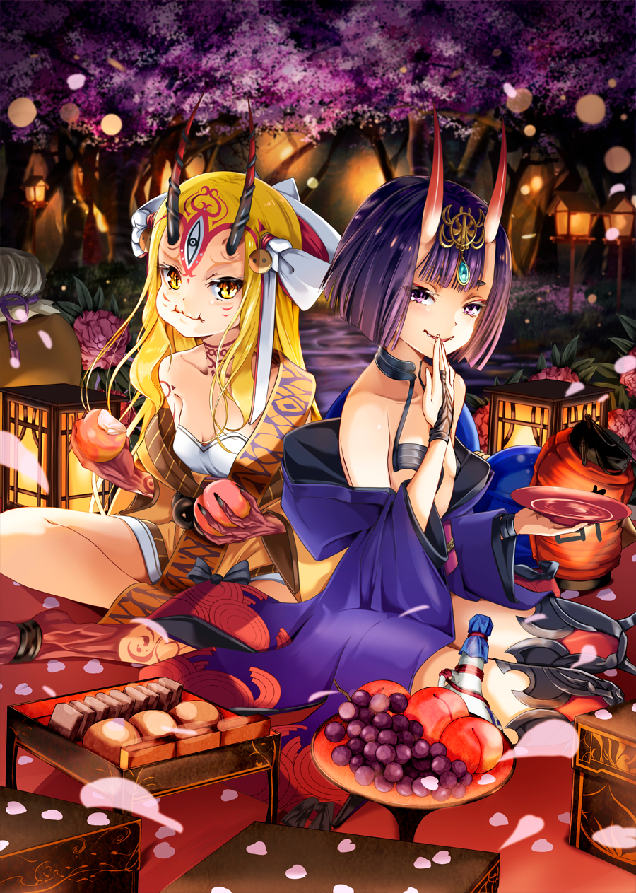 2girls bare_shoulders beads blonde_hair bob_cut bottle box cherry_blossoms claws collarbone commentary_request covering_mouth cup eating facial_mark fangs fate/grand_order fate_(series) fingerless_gloves flower food forest fruit gem gloves grapes hair_ornament highres holding holding_food holding_fruit hopper horns ibaraki_douji_(fate/grand_order) indian_style japanese_clothes kimono lantern lens_flare long_hair looking_at_viewer multiple_girls nature night obentou off_shoulder oni oni_horns outdoors paper_lantern parted_lips peach petals plate purple_hair sakazuki short_hair shuten_douji_(fate/grand_order) sitting slit_pupils smirk thigh-highs tiger_stripes tree violet_eyes yellow_eyes yokozuwari