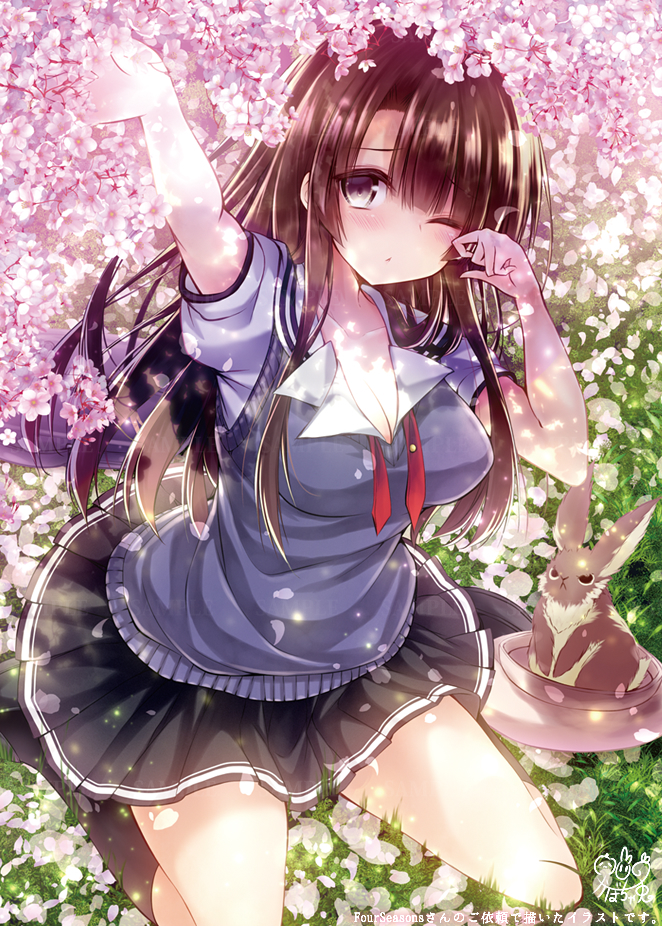 1girl ;&lt; animal arm_up bangs black_legwear black_shoes black_skirt blush breasts brown_hair cherry_blossoms cleavage closed_mouth collarbone commentary_request dappled_sunlight day eyebrows_visible_through_hair full_body grass grey_eyes hand_up kabocha_usagi katou_megumi kneehighs large_breasts long_hair looking_at_viewer on_ground one_eye_closed outdoors parted_bangs petals pleated_skirt puffy_short_sleeves puffy_sleeves rabbit saenai_heroine_no_sodatekata sample school_uniform shiny shiny_hair shirt shoes short_sleeves signature sitting skirt solo sunlight sweater_vest untied wariza watermark white_shirt