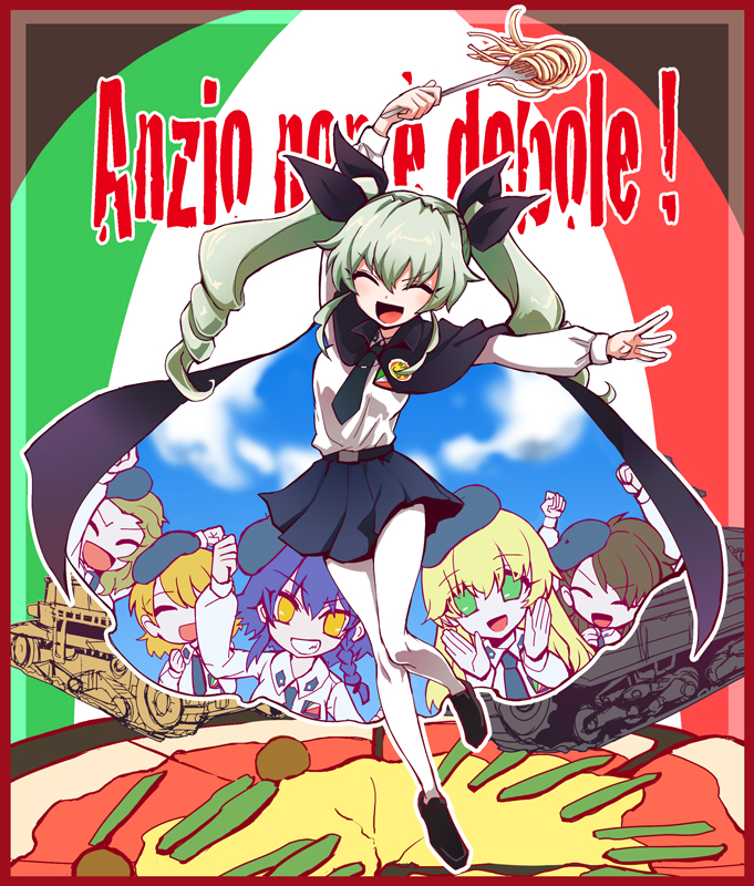 6+girls anchovy anzio_(emblem) anzio_school_uniform arm_up bangs belt beret black_cape black_hair black_hat black_necktie black_ribbon black_shoes black_skirt blonde_hair braid brown_eyes cape carpaccio carro_armato_p40 carro_veloce_cv-33 closed_eyes dress_shirt drill_hair emblem food fork full_body girls_und_panzer green_eyes green_hair grin ground_vehicle hair_ribbon hat holding holding_food italian italian_flag loafers long_hair long_sleeves looking_at_viewer military military_vehicle miniskirt motor_vehicle multiple_girls necktie open_mouth pantyhose pasta pepperoni_(girls_und_panzer) pizza pleated_skirt rapan red_eyes ribbon school_uniform shirt shoes short_hair side_braid siko_(girls_und_panzer) skirt smile solo_focus standing standing_on_one_leg tank translation_request twin_drills twintails white_legwear white_shirt