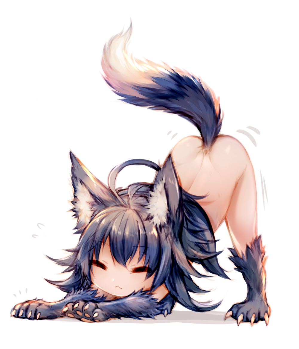 1girl :&lt; ahoge all_fours animal_ears bangs blue_hair claws closed_eyes eyebrows_visible_through_hair fenrir_(shingeki_no_bahamut) full_body fur granblue_fantasy long_hair motion_lines nude paws shingeki_no_bahamut simple_background solo stretch sukemyon tail white_background wolf_ears wolf_girl wolf_tail