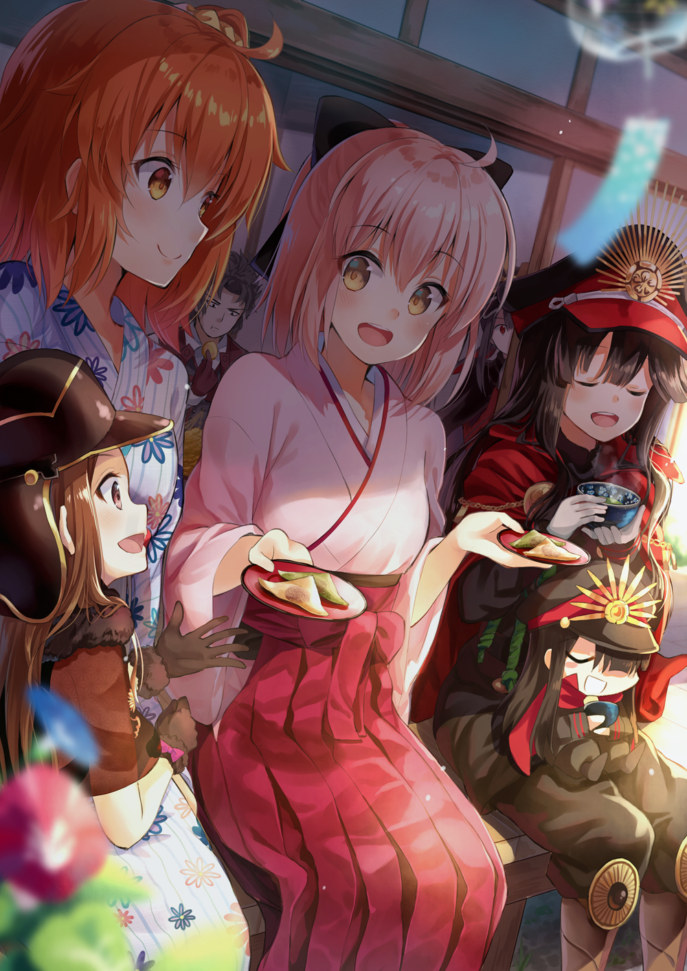 1boy 5girls black_bow black_gloves black_hair blush bow bowl brown_eyes brown_hair chacha_(fate/grand_order) closed_eyes demon_archer eyebrows_visible_through_hair fate/grand_order fate_(series) food fujimaru_ritsuka_(female) gloves hair_bow highres hijikata_toshizou_(fate/grand_order) holding holding_bowl holding_plate long_hair looking_at_another looking_away multiple_girls nonono oda_nobukatsu_(fate/grand_order) open_mouth orange_eyes orange_hair pink_hair plate sakura_saber short_hair sitting smile teeth