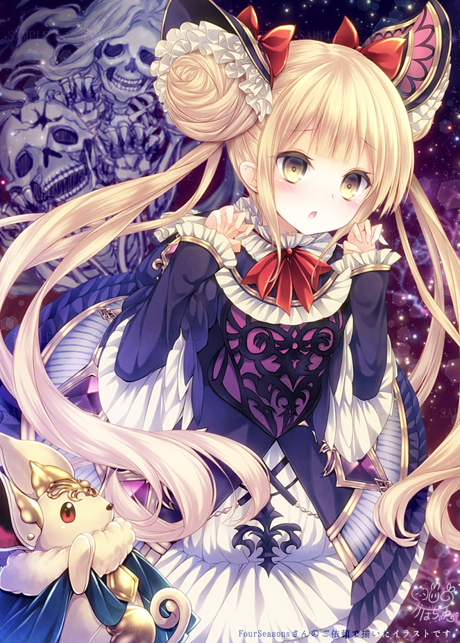 1girl :o amethyst bangs blonde_hair blush bow broken claw_pose commentary_request double_bun dress eyebrows_visible_through_hair frilled_sleeves frills gem gothic_lolita hair_bow hair_ornament hands_up hexagon juliet_sleeves kabocha_usagi lolita_fashion long_hair long_sleeves looking_away luna_(shadowverse) neck_ribbon night night_sky puffy_sleeves purple_dress red_bow red_ribbon ribbon sample shadowverse signature skeleton sky solo star star_(sky) starry_background starry_sky stuffed_animal stuffed_toy twintails very_long_hair watermark yellow_eyes