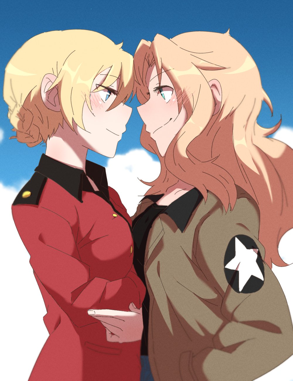 2girls blonde_hair blue_eyes blue_sky blush bomber_jacket clouds commentary crossed_arms darjeeling eye_contact girls_und_panzer hands_in_pockets highres jacket kay_(girls_und_panzer) long_hair looking_at_another multiple_girls saunders_military_uniform short_hair sketch sky smile st._gloriana's_military_uniform