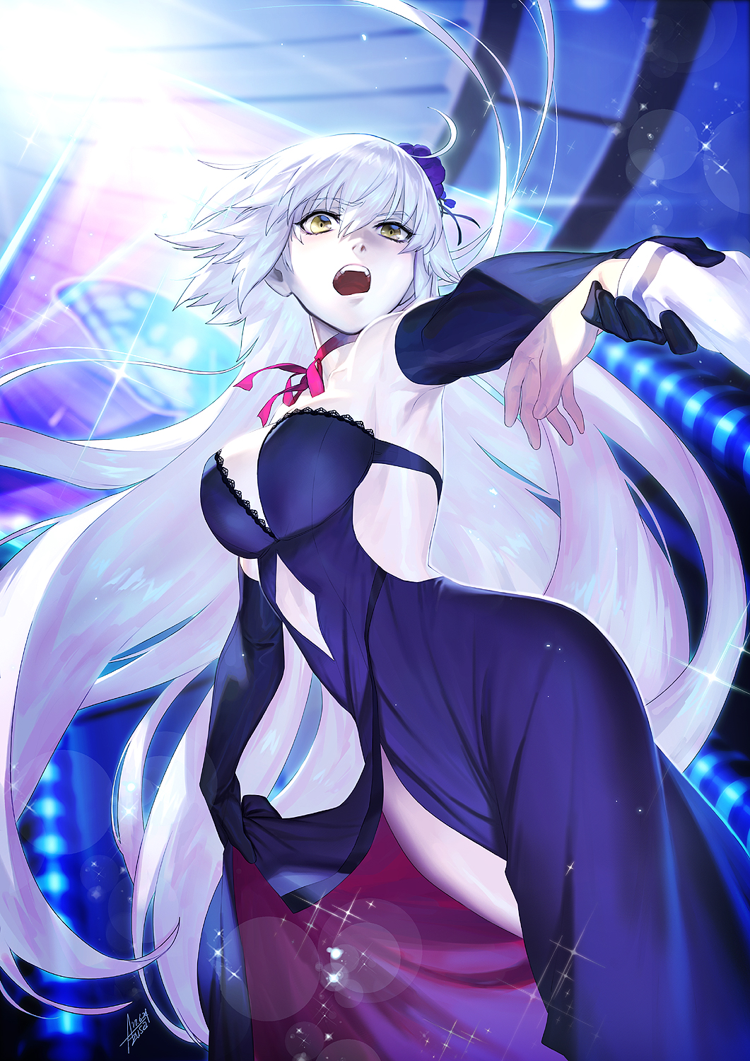 1girl azusa_(hws) blonde_hair breasts butterfly_wings choker elbow_gloves fate/grand_order fate_(series) gloves hair_ornament highres jeanne_alter long_hair looking_at_viewer open_mouth pale_skin ruler_(fate/apocrypha) side_slit teeth very_long_hair white_hair wings wrist_grab yellow_eyes