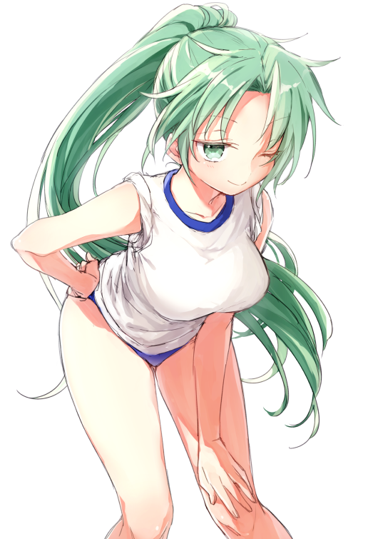 1girl bare_arms bare_legs breasts buruma green_eyes green_hair gym_uniform higurashi_no_naku_koro_ni honotai large_breasts leaning_forward long_hair looking_at_viewer one_eye_closed ponytail simple_background smile solo sonozaki_mion very_long_hair white_background