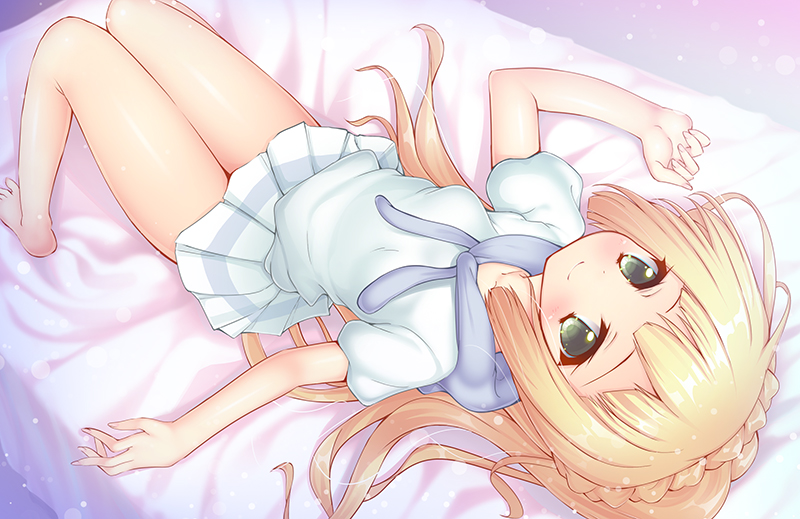 1girl bed blonde_hair green_eyes lillie_(pokemon) long_hair lying murano on_back on_bed pokemon pokemon_(game) pokemon_sm ponytail shirt short_sleeves skirt smile solo white_shirt white_skirt