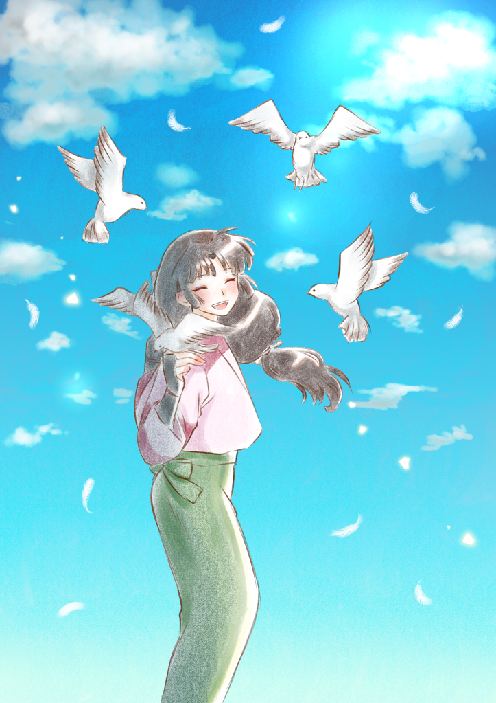 1girl arm_guards bird black_hair closed_eyes clouds cloudy_sky cowboy_shot dove feathers fingerless_gloves gloves inuyasha japanese_clothes kimono long_hair open_mouth sango skirt sky smile solo tsubuankopan