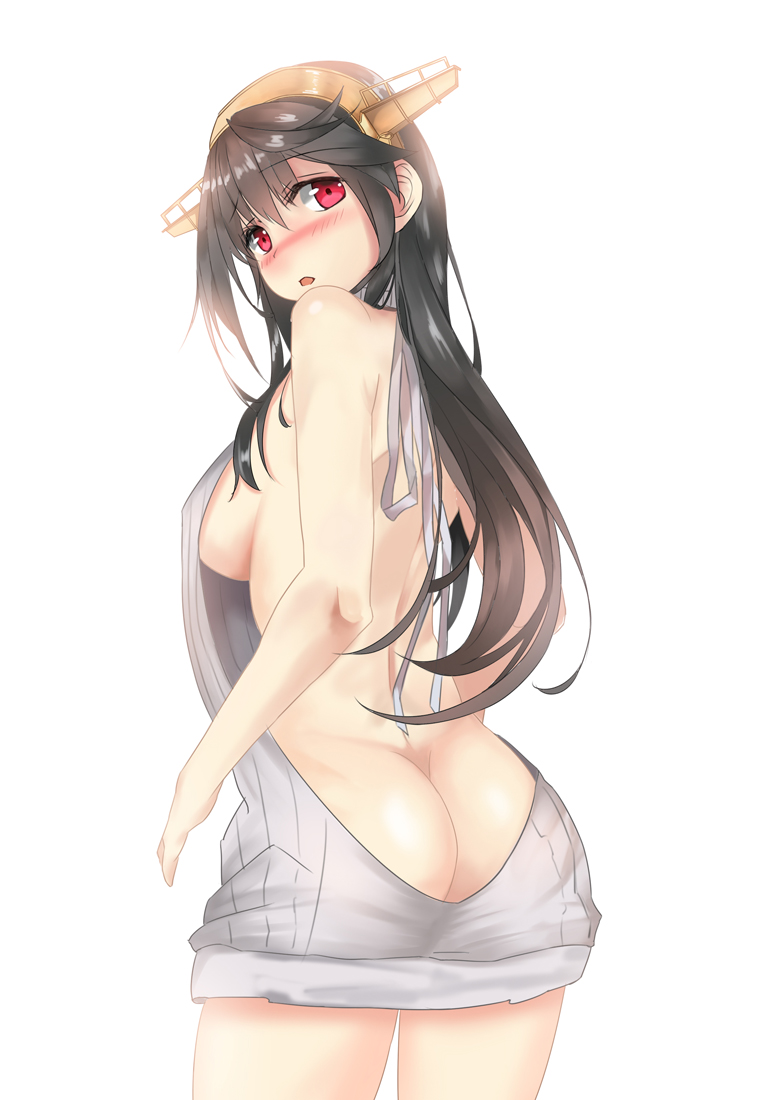 10s 1girl ass backless_outfit bare_back black_hair blush breasts butt_crack dress hairband halterneck haruna_(kantai_collection) kantai_collection large_breasts long_hair looking_at_viewer looking_back meme_attire naked_sweater no_bra no_panties no_underwear open-back_dress open_mouth red_eyes remodel_(kantai_collection) ribbed_sweater sideboob simple_background solo sweater sweater_dress turtleneck turtleneck_sweater virgin_killer_sweater white_background yakumocc