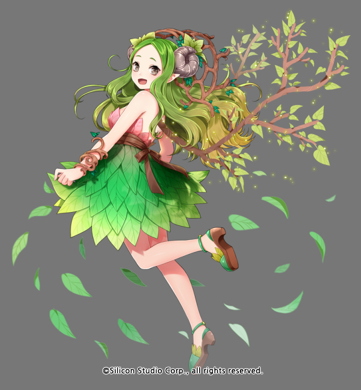 1girl back bare_shoulders brown_eyes company_name full_body green_hair grey_background gyakushuu_no_fantasica horns leaf long_hair millgua official_art open_mouth plant pointy_ears sheep_horns simple_background solo vines wavy_hair