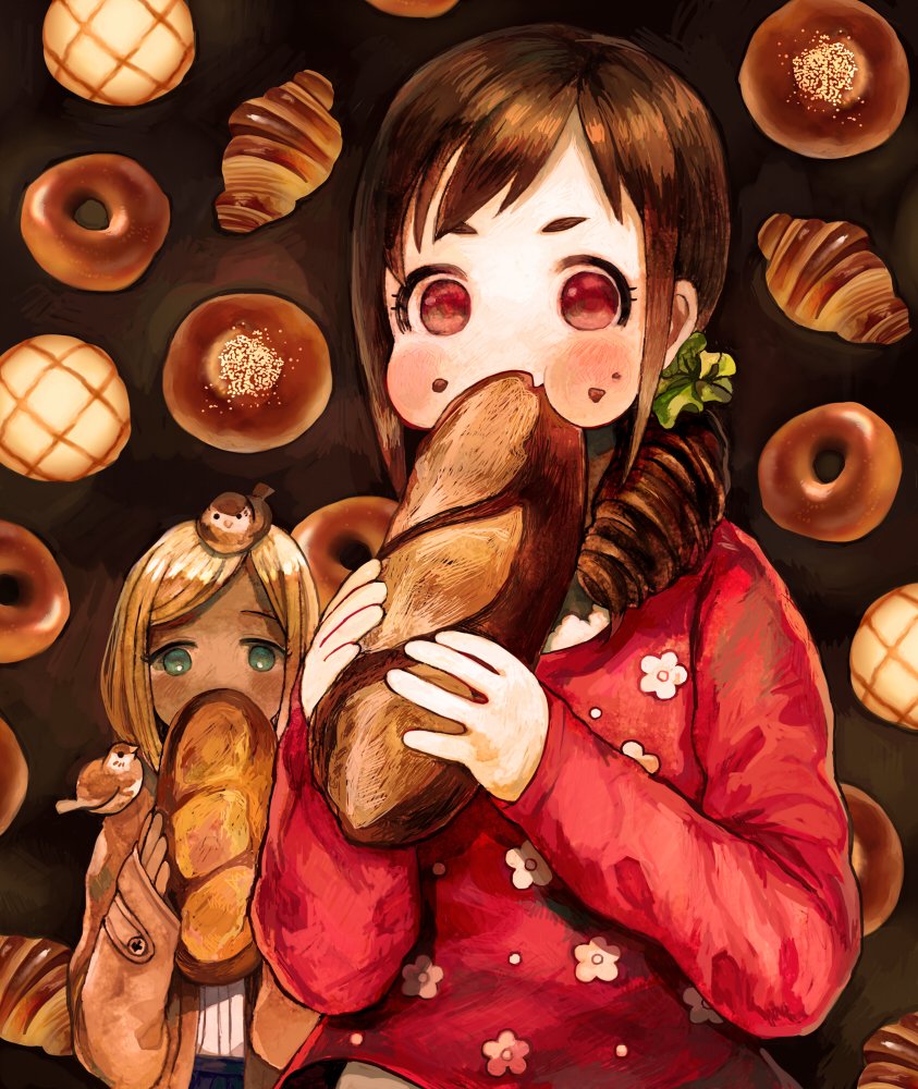 2girls animal animal_on_head animal_on_shoulder aqua_eyes bagel bangs bird bird_on_head bird_on_shoulder blonde_hair bread brown_background brown_coat brown_hair chinosuke_(o_j_o_p) coat commentary_request croissant dark_skin doughnut drill_hair eating floral_print food food_on_face green_scrunchie hair_over_shoulder holding holding_food idolmaster idolmaster_cinderella_girls layla_(idolmaster) long_sleeves looking_at_viewer melon_bread multiple_girls no_nose on_head oohara_michiru pastry puffy_cheeks red_eyes red_shirt scrunchie shirt sleeves_past_wrists swept_bangs upper_body