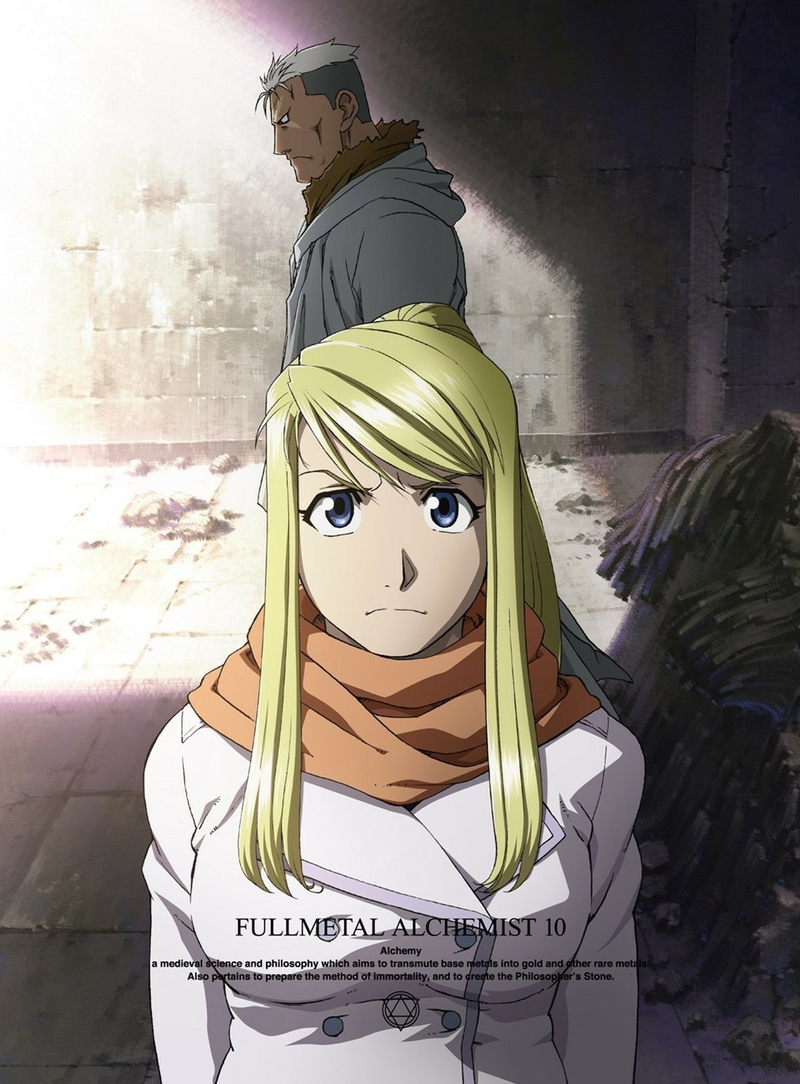 1boy 1girl blonde_hair blue_eyes breasts closed_mouth coat copyright_name dark_skin fullmetal_alchemist grey_hoodie highres hood hoodie indoors large_breasts long_hair looking_at_viewer official_art orange_scarf ponytail red_eyes scar_(fma) scarf serious shiny shiny_hair short_hair standing sunlight text upper_body white_coat white_hair winry_rockbell