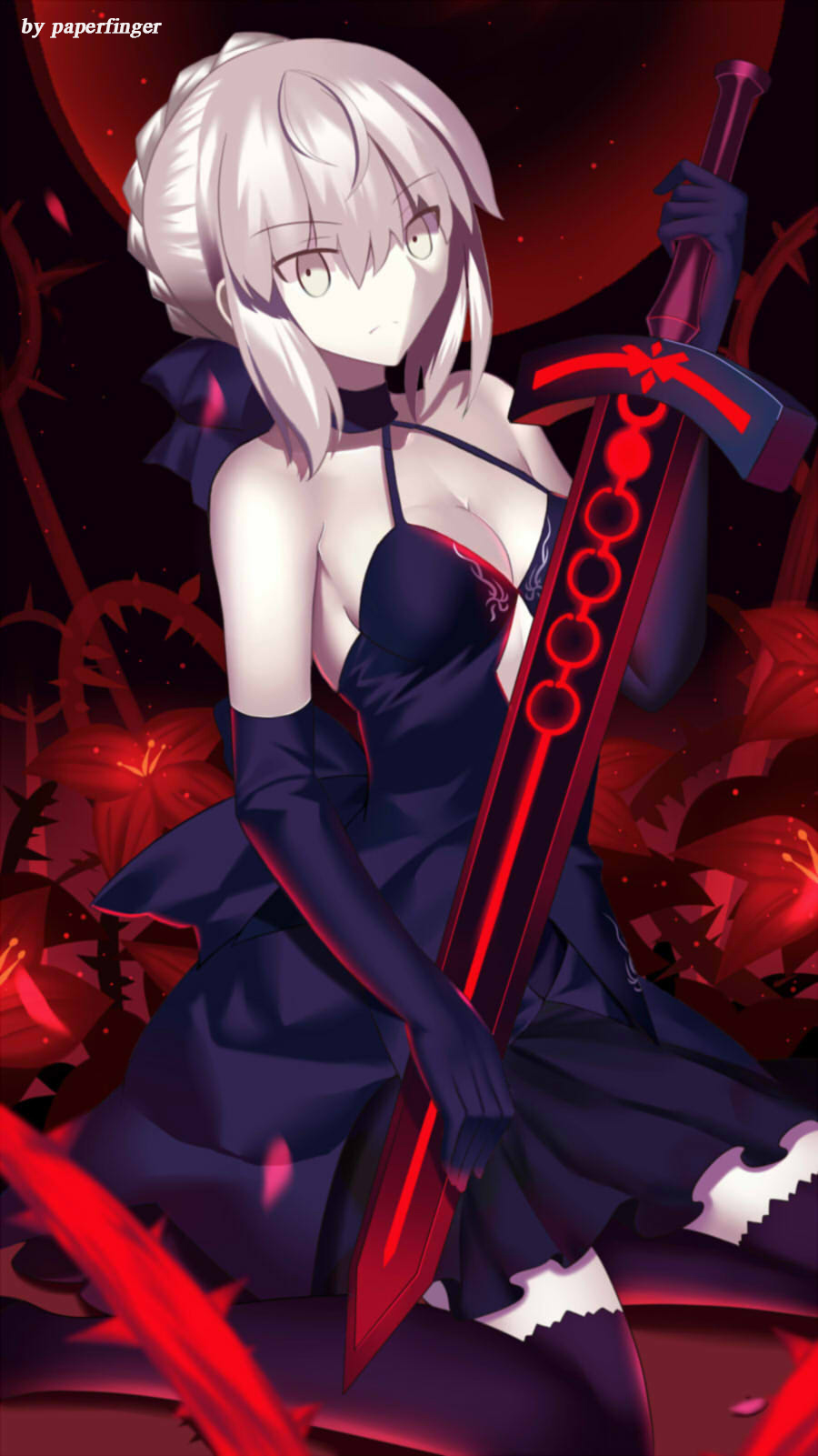 1girl artist_name bangs black_gloves black_legwear black_skirt braid breasts cleavage closed_mouth dark_excalibur elbow_gloves eyebrows_visible_through_hair fate/stay_night fate_(series) french_braid gloves gothic_lolita grey_eyes grey_hair highres holding holding_sword holding_weapon lolita_fashion looking_at_viewer medium_breasts official_style paperfinger petals plant saber saber_alter sidelocks sitting skirt solo sword thigh-highs vines weapon