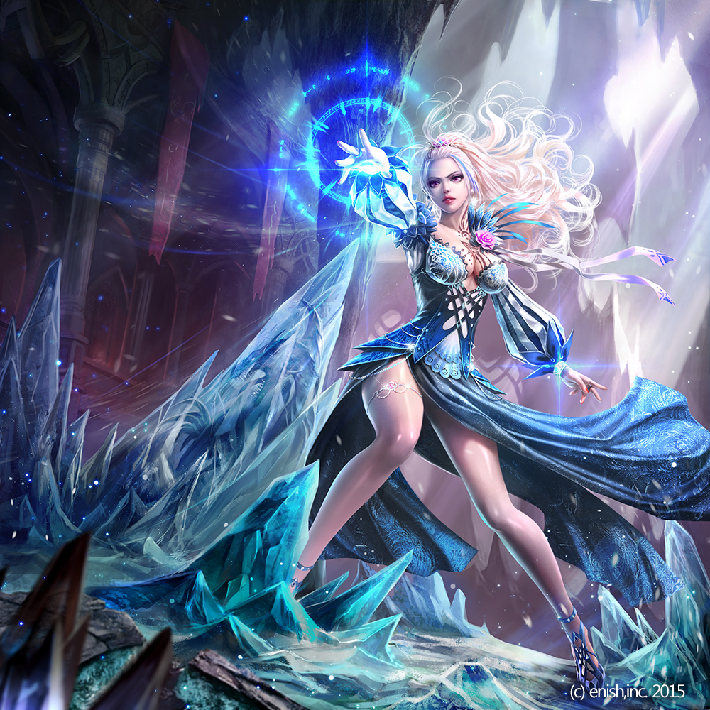 1girl bahamut_crisis banner blonde_hair blue_dress breasts cleavage column dragon dress eudia_(serenity2200) flower ice light_rays lipstick long_hair looking_at_viewer magic makeup medium_breasts official_art parted_lips pillar puffy_sleeves standing tagme tattoo thigh_strap tiara velsa violet_eyes