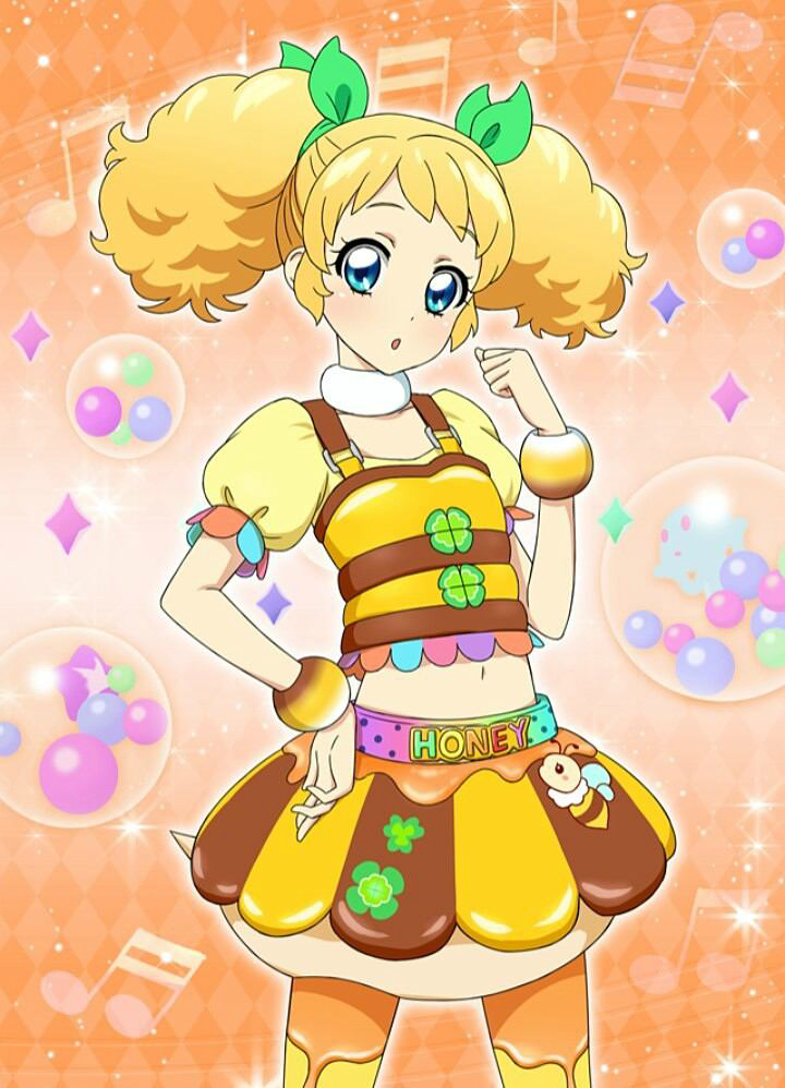 1girl aikatsu! aikatsu!_photo_on_stage!! bee bee_costume belt blonde_hair blue_eyes bow bracelet clover green_bow hand_on_hip honey jewelry musical_note navel orange_background saegusa_kii shirt skirt twintails yellow_shirt yellow_skirt