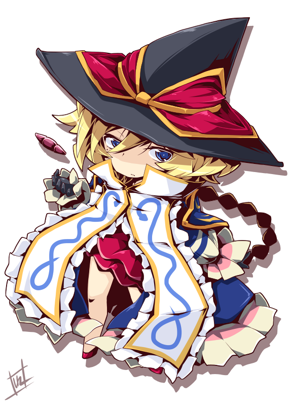 1girl blonde_hair blue_eyes braid carol_malus_dienheim chibi gloves hat long_hair reku senki_zesshou_symphogear simple_background single_braid solo witch_hat