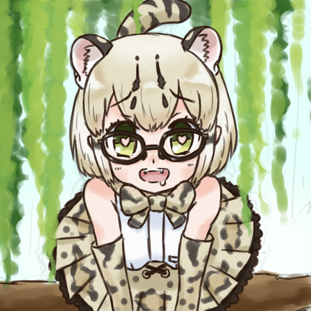 1girl :d animal_ears bare_shoulders black-framed_eyewear blonde_hair bow bowtie cat_ears cat_tail commentary drooling elbow_gloves extra_ears fangs glasses gloves green_eyes heart heart-shaped_pupils in_tree kemono_friends looking_at_viewer margay_(kemono_friends) margay_print open_mouth print_bowtie print_gloves print_skirt shirt short_hair skirt sleeveless sleeveless_shirt smile solo symbol-shaped_pupils tail tree yonaka-nakanoma