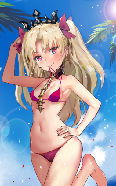 1girl alternate_hair_color bikini blonde_hair breasts choker cowboy_shot earrings ereshkigal_(fate/grand_order) fate/grand_order fate_(series) jewelry lens_flare long_hair looking_at_viewer mp0159 palm_tree red_bikini red_eyes small_breasts solo spine swimsuit tiara tohsaka_rin tree