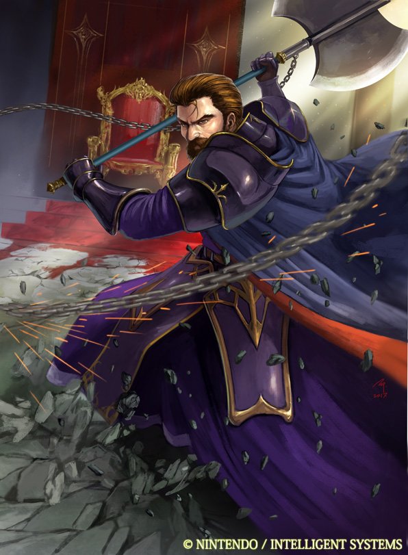 1boy artist_name axe back beard brown_eyes brown_hair cape chains company_name douglas_(fire_emblem) facial_hair fire_emblem fire_emblem:_fuuin_no_tsurugi fire_emblem_cipher gauntlets gloves ippei_soeda male_focus mustache official_art rock solo throne weapon