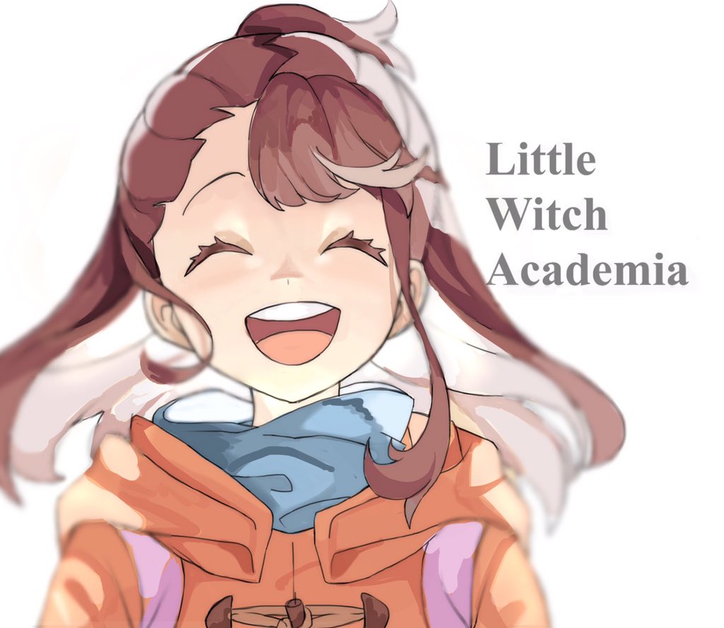 1girl ^_^ ^o^ bangs blue_scarf brown_hair closed_eyes face happy jacket kagari_atsuko little_witch_academia open_mouth round_teeth scarf sidelocks simple_background smile solo teeth text upper_body white_background zjz4s