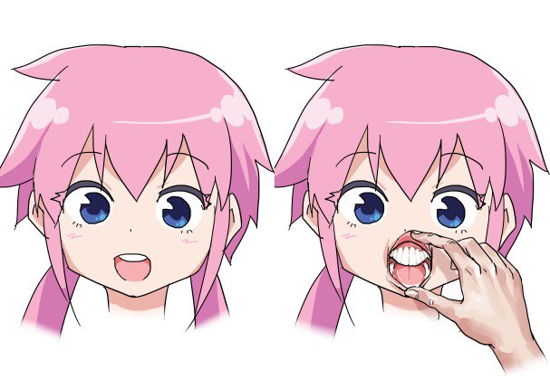 1girl :d bad_teeth bangs blue_eyes blush close-up commentary creepy disembodied_limb dot_nose eyebrows_visible_through_hair eyelashes face hand_on_another's_mouth lips low_twintails monbetsu_kuniharu open_mouth original pink_hair round_teeth sidelocks smile solo_focus spiky_hair spread_lips teeth tongue twintails