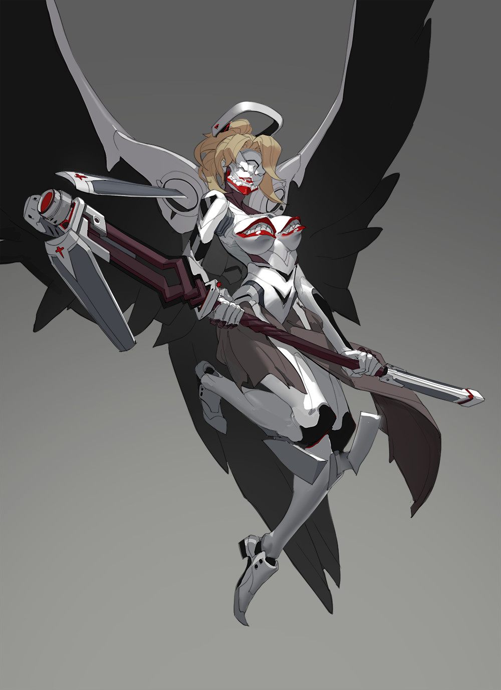 1girl adapted_costume black_wings blonde_hair bodysuit breasts cosplay end_of_evangelion faulds full_body gloves gradient gradient_background headgear high_ponytail highres holding holding_staff holding_weapon kelvin_chan knee_pads long_sleeves mask mass_production_eva mass_production_eva_(cosplay) mechanical_halo mechanical_wings medium_breasts mercy_(overwatch) neon_genesis_evangelion overwatch pelvic_curtain solo spread_wings staff weapon white_bodysuit white_gloves wings