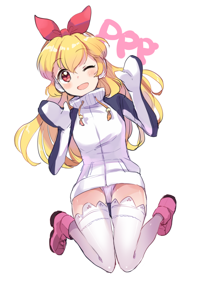 1girl ;d aikatsu! bangs blonde_hair boots cosplay eyebrows_visible_through_hair full_body hair_ribbon headphones hoshimiya_ichigo jacket jumping kemono_friends legs_up long_hair long_sleeves looking_at_viewer mittens one_eye_closed open_mouth otk_do panties pantyshot penguins_performance_project_(kemono_friends) pink_boots red_eyes red_ribbon ribbon royal_penguin_(kemono_friends) royal_penguin_(kemono_friends)_(cosplay) simple_background smile solo thigh-highs underwear white_background white_legwear white_panties