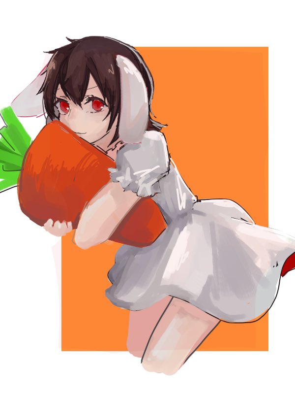 1girl animal_ears artist_request brown_hair carrot dress floppy_ears inaba_tewi object_hug rabbit_ears red_eyes smile tagme touhou white_dress