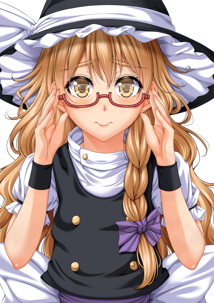 1girl adjusting_glasses bangs bespectacled black_hat blonde_hair blush bow braid buttons chiro eyebrows_visible_through_hair glasses hair_bow hat hat_bow kirisame_marisa long_hair looking_at_viewer purple_bow red-framed_eyewear semi-rimless_glasses side_braid simple_background solo touhou under-rim_glasses upper_body vest white_background white_bow witch_hat wrist_cuffs yellow_eyes